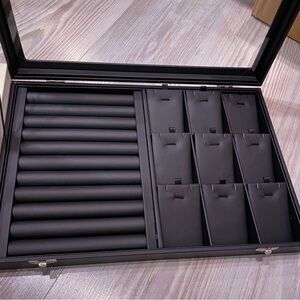 Black Necklace & Ring Organizer Box with glass Lid, PU leather Tray for Jewelry